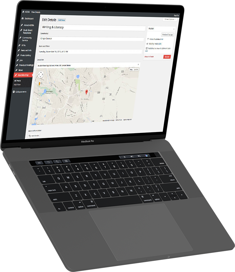 The ACIRA website CMS backend: a customized WordPress admin panel configured for easy content management by volunteers