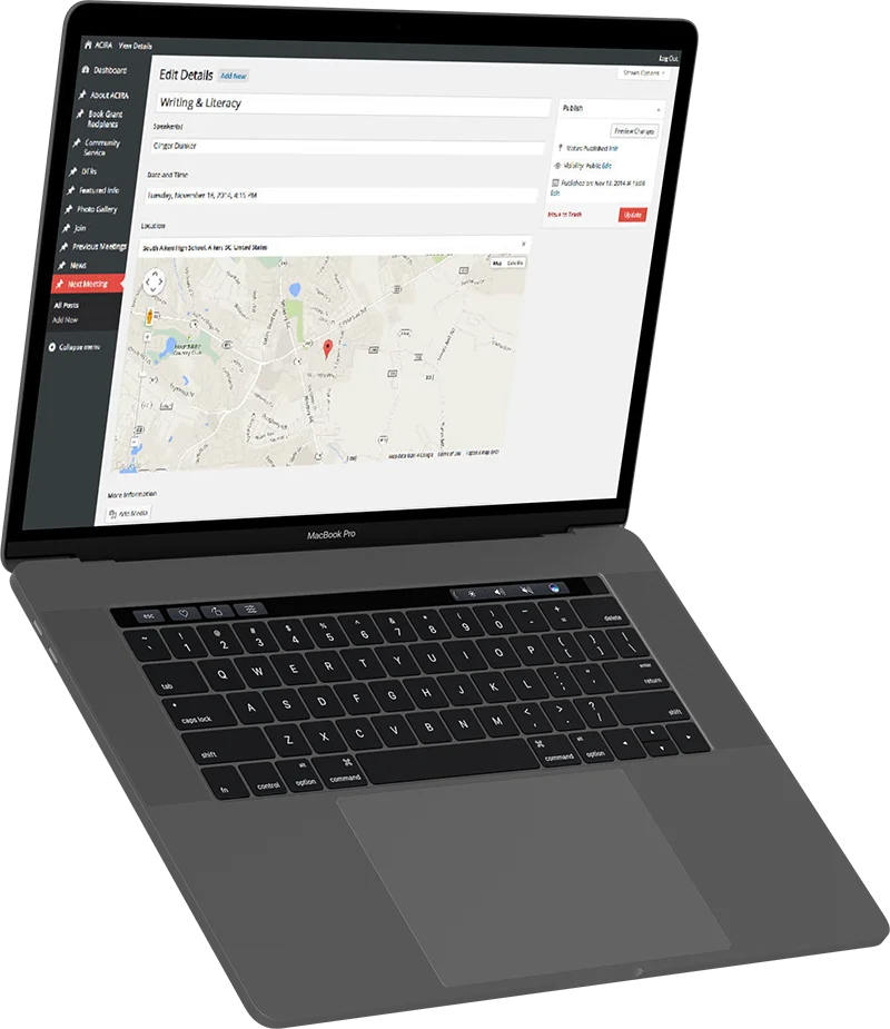 The ACIRA website CMS backend: a customized WordPress admin panel configured for easy content management by volunteers
