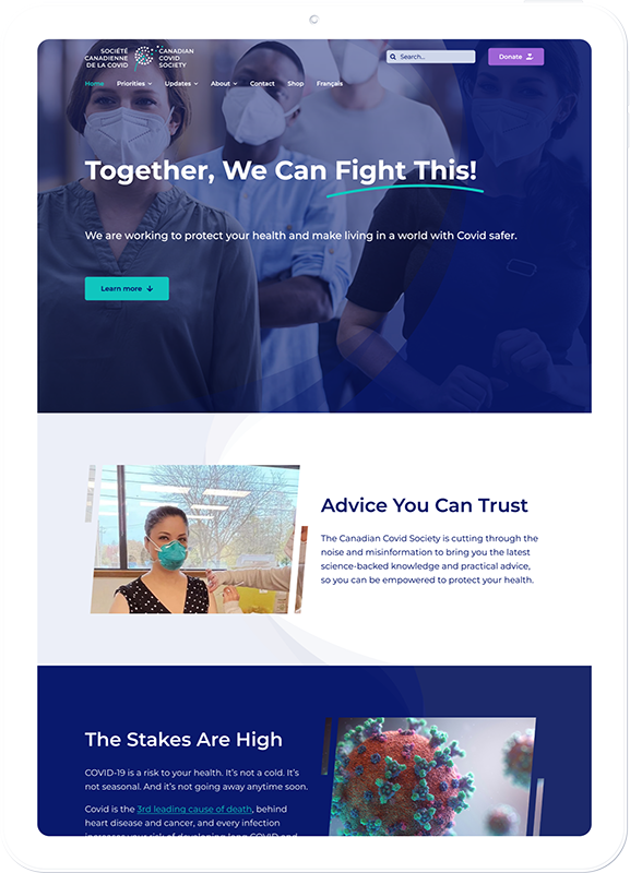 Canadian Covid Society English website on a tablet: homepage with public health messaging