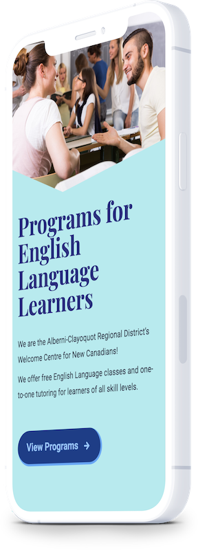 Literacy Alberni Society website on mobile: English Language Learner programs page