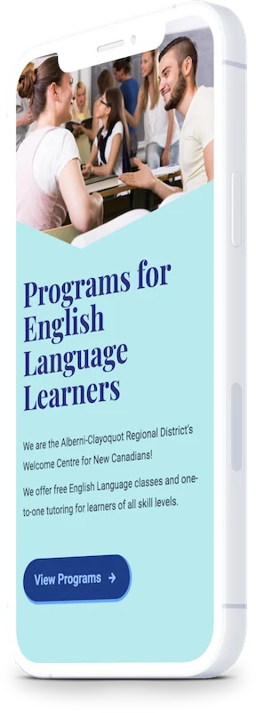 Literacy Alberni Society website on mobile: English Language Learner programs page