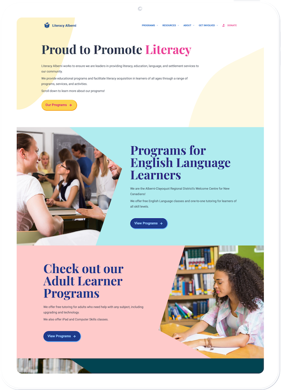 Literacy Alberni Society website on a tablet: homepage showing program listings for the community