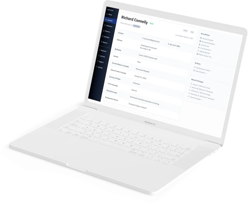 The Literacy Alberni client management system: a client profile showing contact details, program enrollment, and activity history