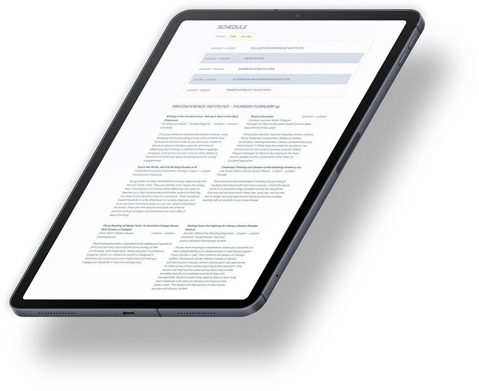 SCIRA conference schedule on a tablet: sessions and speakers laid out for attendees